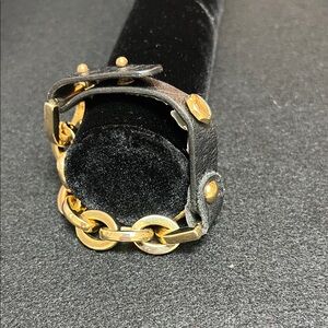 Goldtone chain and Black Leather  Bracelet